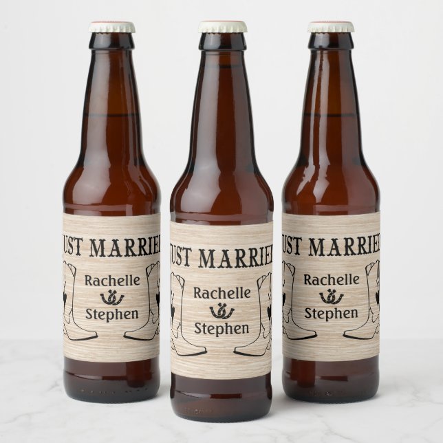 Western Just Married Wood Wedding Cowboy Country Beer Bottle Label (Bottles)