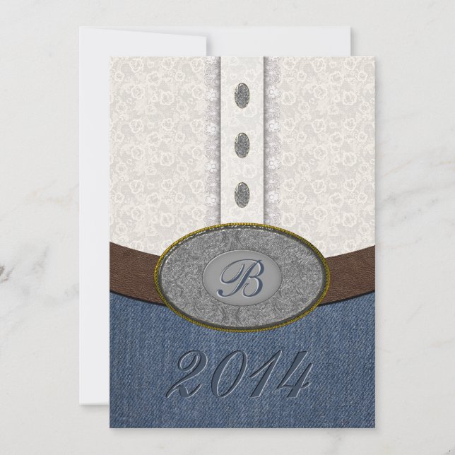 Western Lace and Denim Monogram Belt Buckle Grad Invitation (Front)