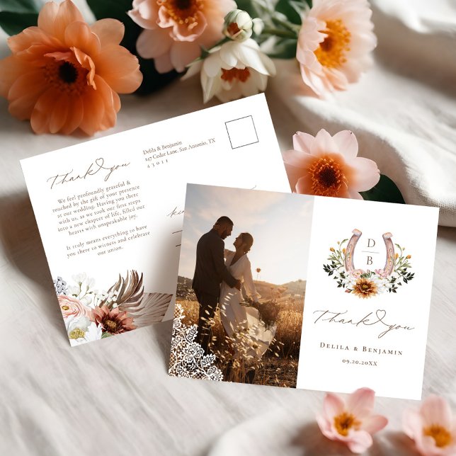 Western Lace Horseshoe Heart Script Wedding Photo Postcard (Western Lace Horseshoe Heart Script Wedding Photo Postcard (Front & Back))