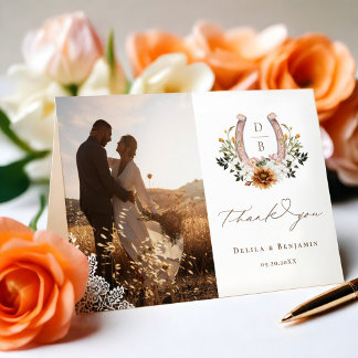 Western Lace Horseshoe Heart Script Wedding Photo  Thank You Card