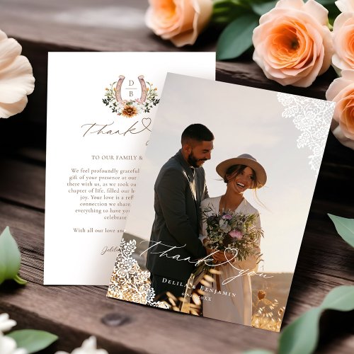 Western Lace Horseshoe Heart Script Wedding Photo Thank You Card