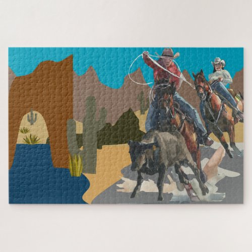 Western Landscape Cowboy Roping Steer Jigsaw Puzzle