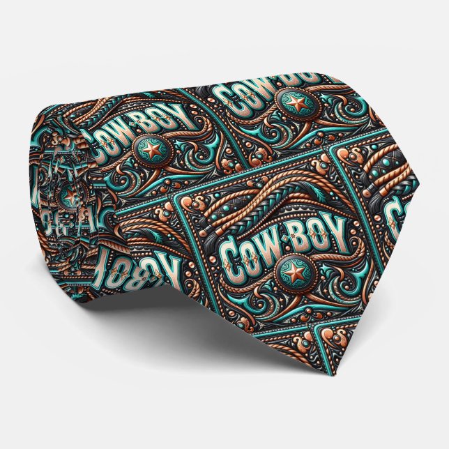 Western Leather Braid And Turquoise Print Cowboy Neck Tie (Rolled)