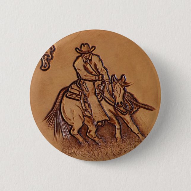 Western leather horseback Riding Rodeo Cowboy Pinback Button (Front)