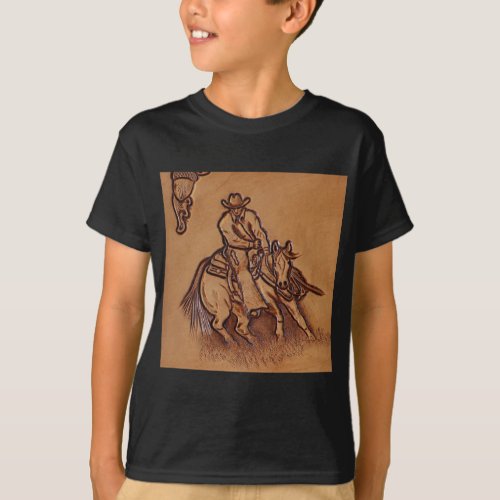 Western leather horseback Riding Rodeo Cowboy T_Shirt