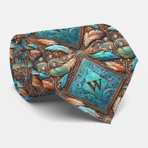 Western Leather Print and Feathers Custom Initial Neck Tie