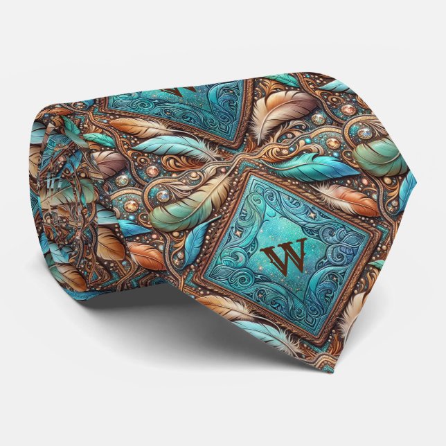 Western Leather Print and Feathers Custom Initial Neck Tie (Rolled)