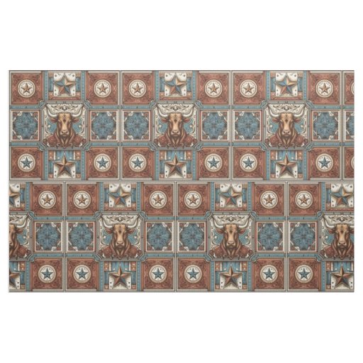 Western Leather Print Brown Turquoise with Steer Fabric