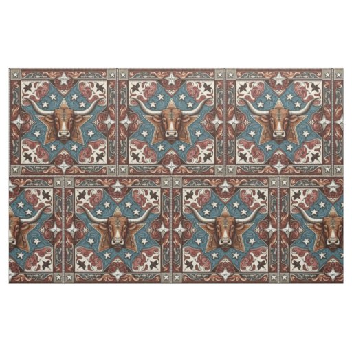 Western Leather Print Brown Turquoise with Steer  Fabric