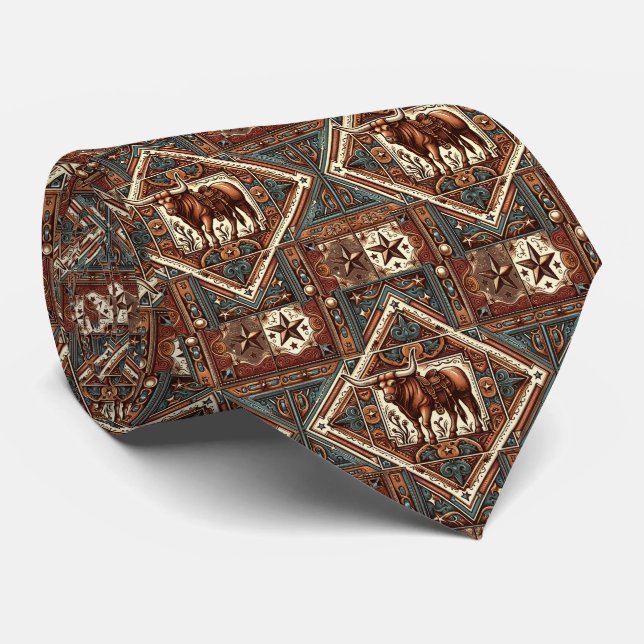 Western Leather Print Steer Bull Maroon Brown Neck Tie (Rolled)