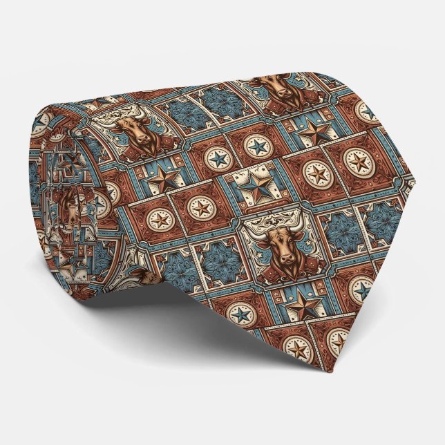 Western Leather Print Steer Bull Turquoise Brown Neck Tie (Rolled)