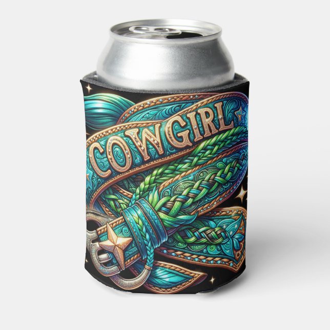 Western Leather Print Turquoise Braid Cowgirl Can Cooler (Can Back)