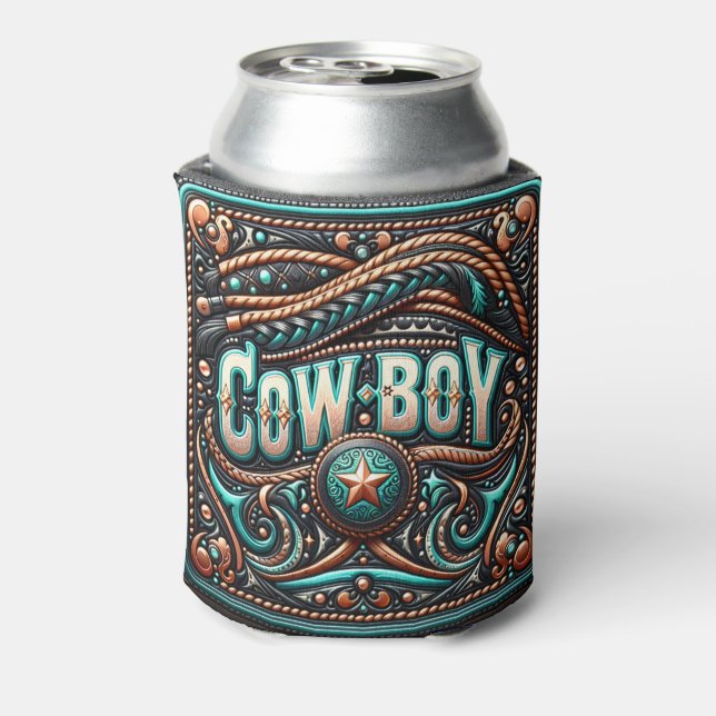 Western Leather Print  Turquoise Brown Cowboy Can Cooler (Can Back)