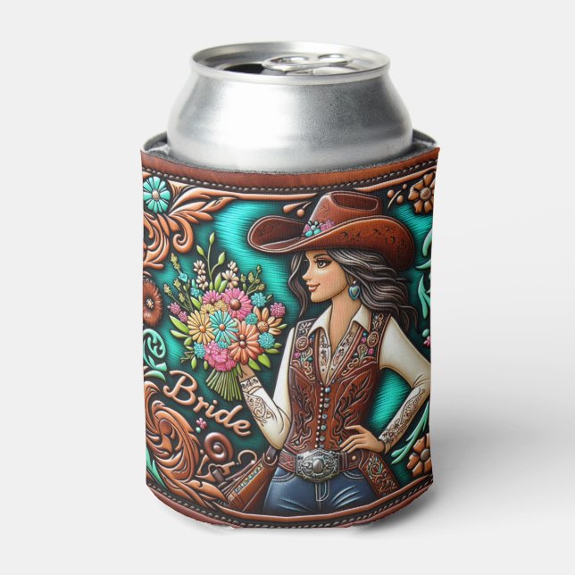 Western Leather Print Wedding Bride Custom Name Can Cooler (Can Front)