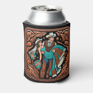 Western Leather Print Wedding Bride Groom Custom Can Cooler