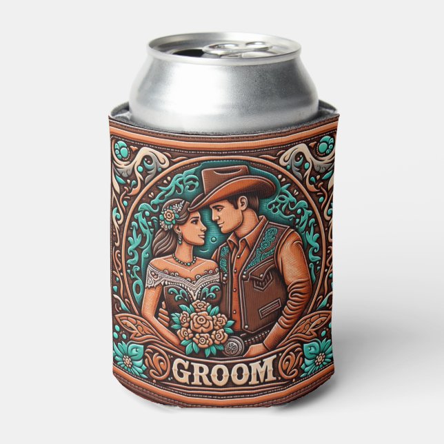Western Leather Print Wedding Groom Custom Name Can Cooler (Can Front)