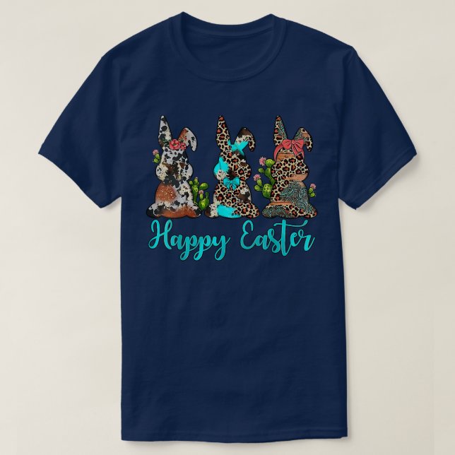 Western Leopard Cowhide Turquoise Bunnies Happy Ea T-Shirt (Design Front)