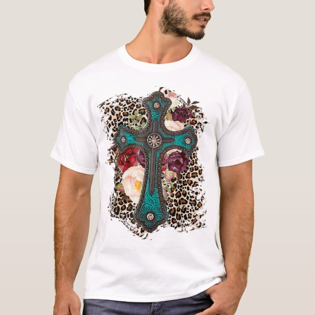 Western Leopard Flowers Cross Christian Cowgirl T-Shirt (Front)