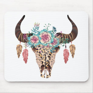 Western Leopard Print Floral Bull Mouse Pad