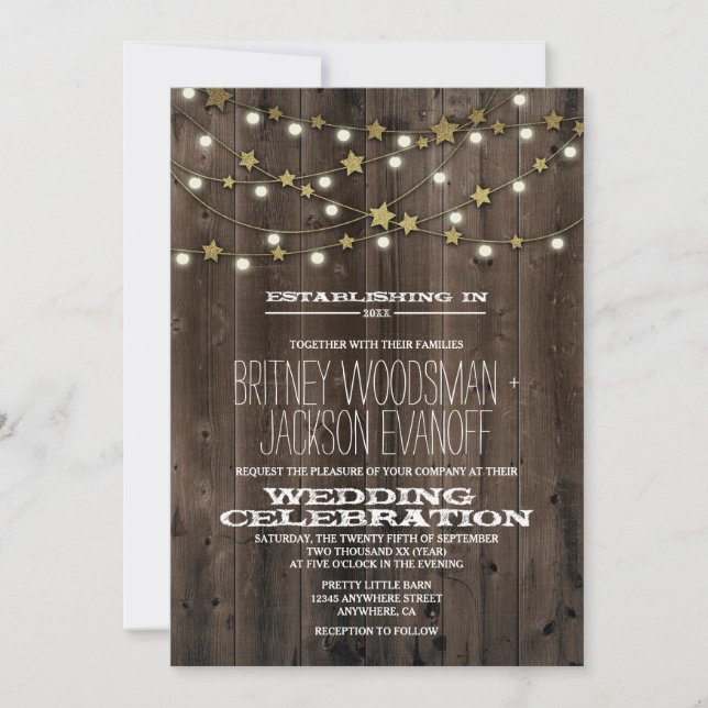 Western Lights Stars Barn Wood Wedding Invitations (Front)