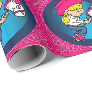 Western Little Cartoon Cowgirl On Stick Horse Wrapping Paper