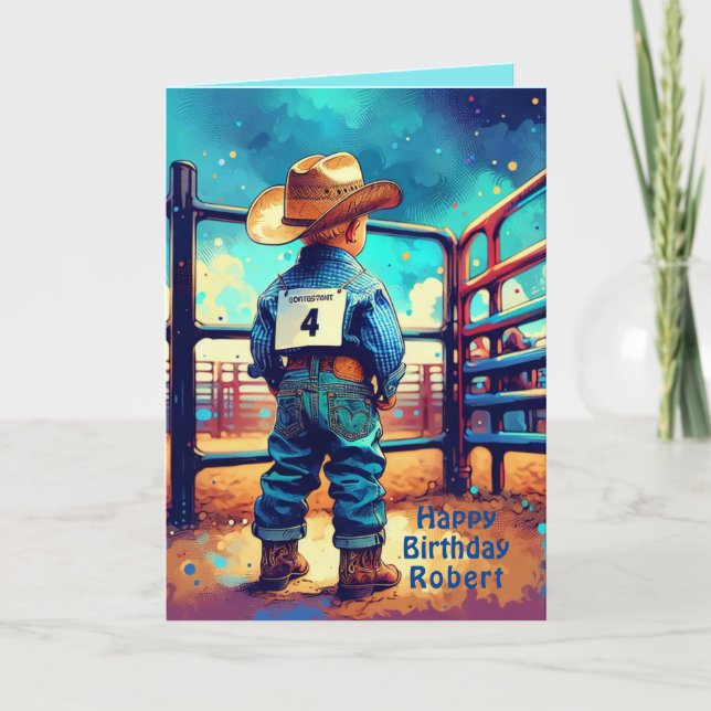 Western Little Cowboy 4th Birthday Rodeo Custom   Card (Front)