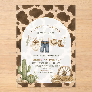 western Little Cowboy Cow Print Baby Shower Acrylic Invitations