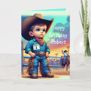 Western Little Cowboy First Birthday Rodeo Custom Card