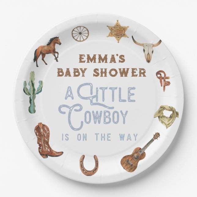 Western Little Cowboy Photo Baby Shower Paper Plates (Front)