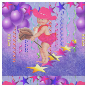 Western Little  Cowgirl On Stick Horse Fabric 4.5"