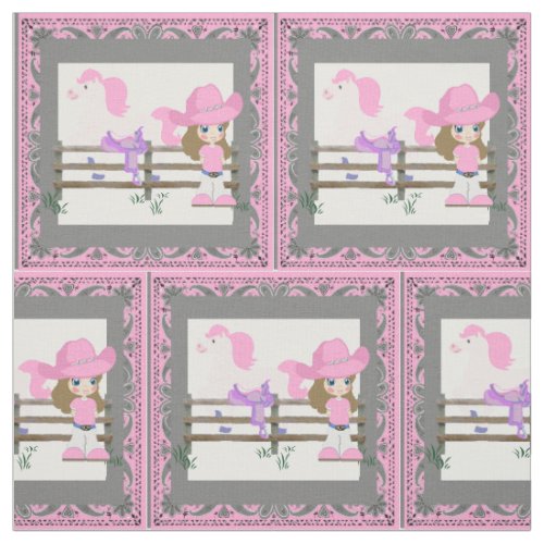 Western Little  Cowgirl On Stick Horse Fabric 45