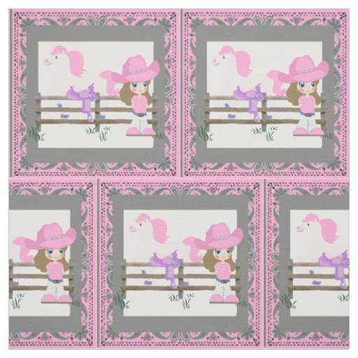 Western Little  Cowgirl On Stick Horse Fabric 4.5"