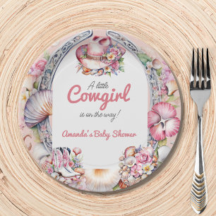 Western Little Cowgirl Pink Coastal Baby Shower Paper Plates