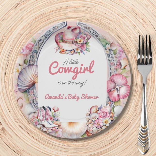 Western Little Cowgirl Pink Coastal Baby Shower Paper Plates (Creator Uploaded)