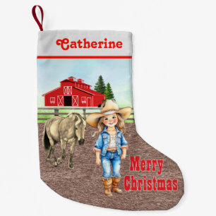 Western Little Cowgirl with Horse and Barn Small Christmas Stocking