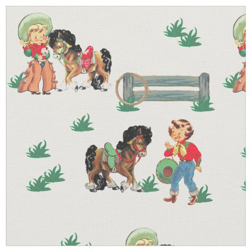 Western Little  Cowgirls With Horses Fabric