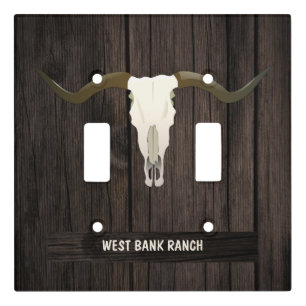 Western Longhorn Cattle Skull Rustic Wood Light Switch Cover