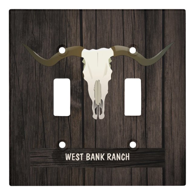 Western Longhorn Cattle Skull Rustic Wood Light Switch Cover (Front)