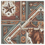 Western Longhorn Steer Brown and Teal  Fabric