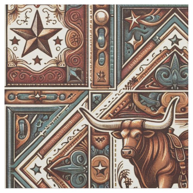 Western Longhorn Steer Brown and Teal  Fabric (Close Up)