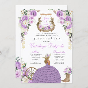 Western Mariachi Purple Roses Charro Quinceañera Invitation