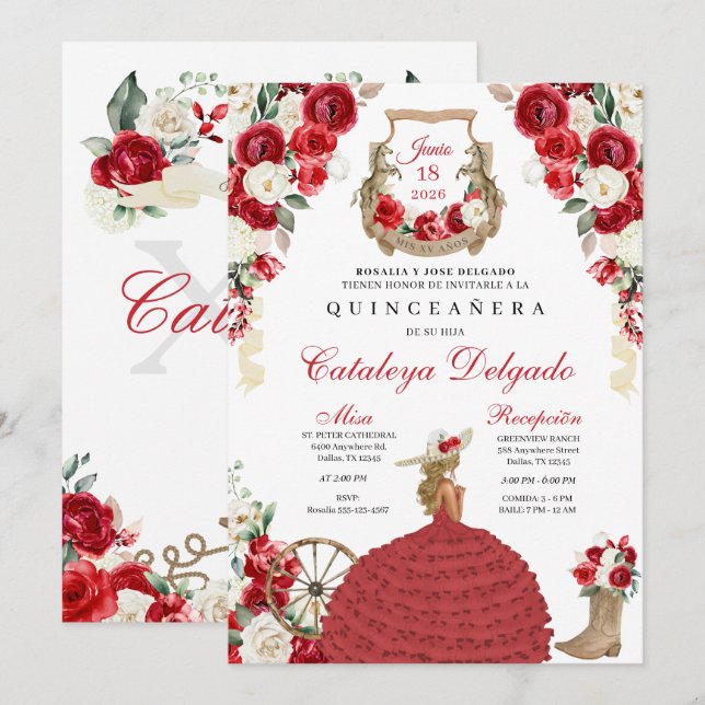 Western Mariachi Red Roses Charro Quinceañera Invitation (Front/Back)