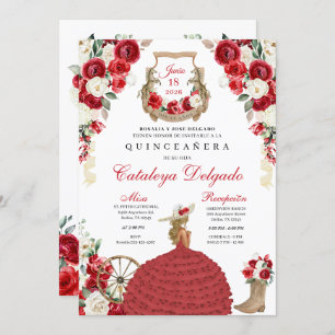 Western Mariachi Red Roses Charro Quinceañera Invitation