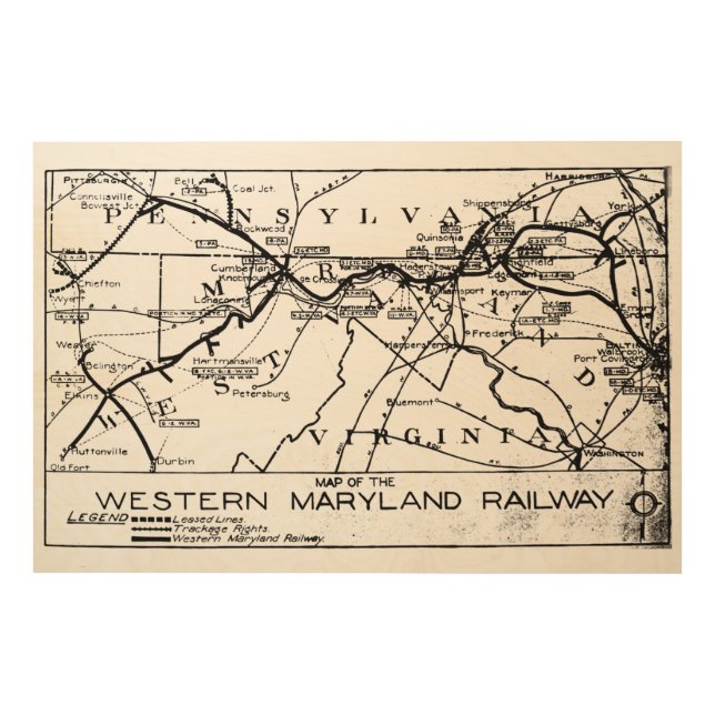 Western Maryland Railway 1920 Map Wood Wall Art (Front)