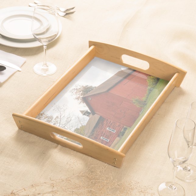 Western Mass Big Red Barn in Autumn Serving Tray (Front)