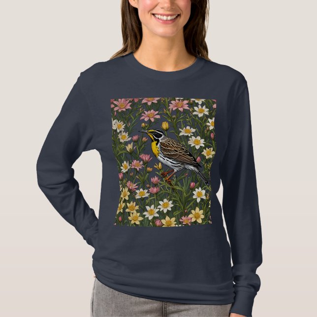 Western Meadowlark Surrounded By Bitterroot Flower T-Shirt (Front)