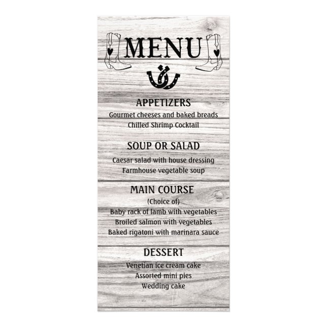 Western Menu Country Wedding Cowboy Boots Wood (Front)