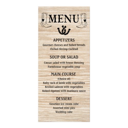 Western Menu Country Wedding Cowboy Boots Wood