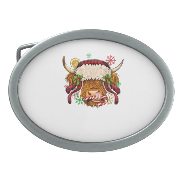 Western Merry Christmas Highland Cow Xmas Farm Ani Belt Buckle (Front)