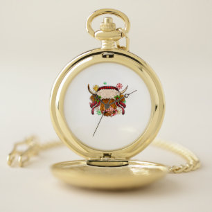 Western Merry Christmas Highland Cow Xmas Farm Ani Pocket Watch